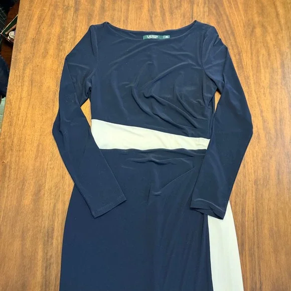 Lauren Ralph Lauren Dark Navy Cream Colorblock Maxi Gown 8 Long Sleeve Elegant - Picture 3 of 12